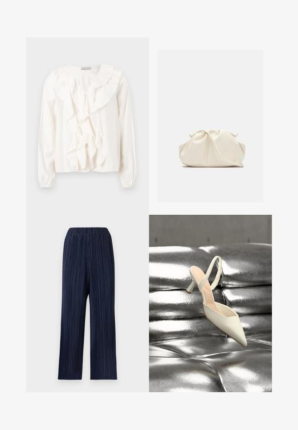 Blouse blanche avec un devant à volants, tissu doux, manches longues et fermetures à boutons. Présente un col structuré et des poignets froncés.; Pantalon large taille haute bleu marine avec de fines plis verticaux et une ceinture élastique sur un fond clair.; Chaussure à talon haut blanche à bout pointu et bride arrière reposant sur une surface capitonnée argent métallique brillante.; Pochette en cuir souple couleur crème avec un design froncé et une fine bandoulière reposant à l’avant sur un fond uni.