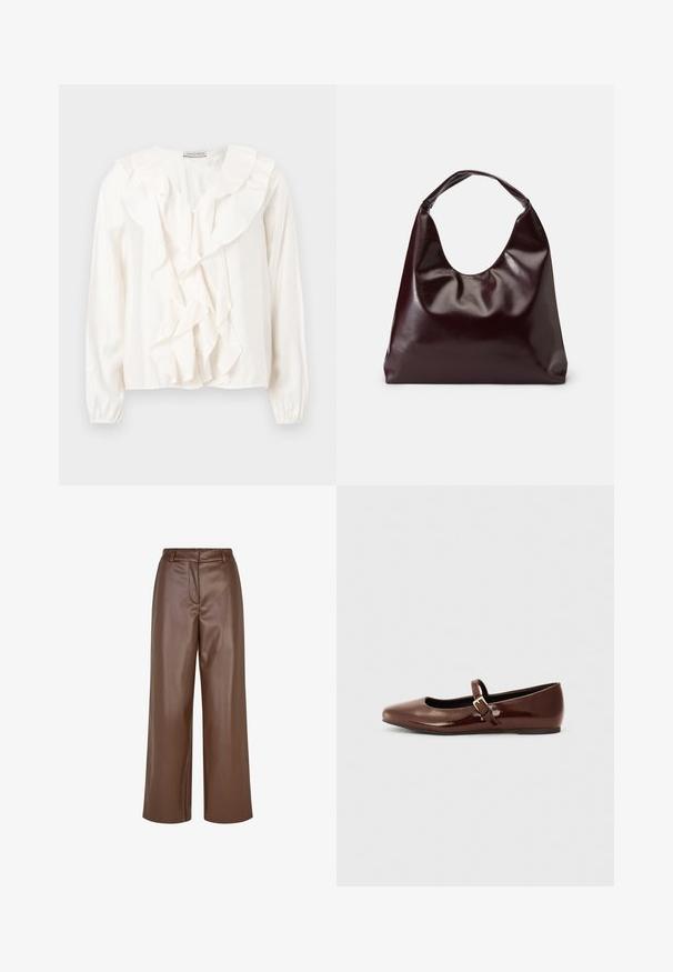 Blouse blanche avec un devant à volants, tissu doux, manches longues et fermetures à boutons. Présente un col structuré et des poignets froncés.; Pantalons larges en simili cuir marron avec une texture lisse, des passants de ceinture et un pli avant au niveau de la taille.; Ballerine en cuir verni marron avec un bout carré et une lanière ornée d'une petite boucle dorée. Texture lisse, talon bas et design minimaliste.; Sac en cuir vegan bordeaux, brillant, avec une forme douce et sculpturale et une large poignée incurvée pour un transport facile.