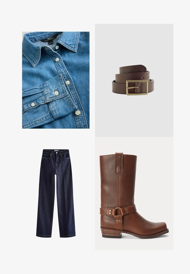 Blå denimskjorte med spids krave, knapper foran og knapdetaljer ved manchetterne. Har synlige syninger og en glat tekstur.; Next Jeans Straight Leg - rinse blue; Brun læder midt på læggen støvle med lavt træhæl, rund snude og dekorativ strop med metalnitter rundt om anklen.; Snoet mørkebrunt læderbælte med en messing rektangulær spænde og præget "Levi's" logo på spidsen af bæltet.