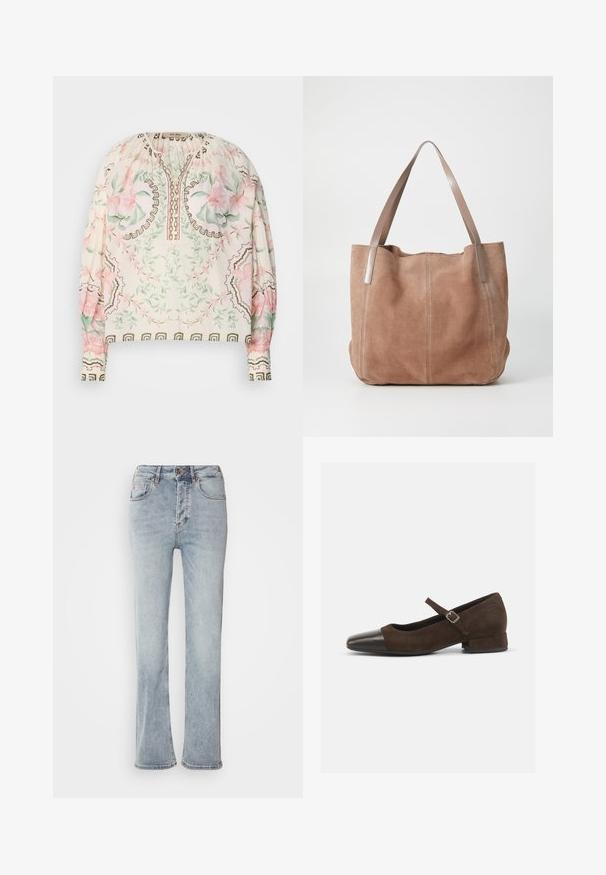 Letvægtsbluse i cremefarvet med blomstermotiv i pink og grøn. Har en samlet halsudskæring og indviklede brune detaljer. Lange ærmer.; Lysblå denimjeans med høj talje, lige ben-design og en let udskæring ved kanten. Har syninger som accent og en lynlås foran.; Brun ruskind Mary Jane-sko med en sort laklæder tåhætte, justerbar rem og en lav blokhæl. Glat tekstur med minimale detaljer.; Anna Field by Zalando LEATHER - Shopping bags - taupe