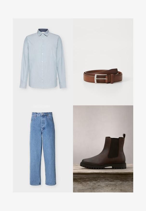 Chemise à manches longues bleu clair avec des rayures verticales blanches, col boutonné et intérieur de col bleu marine contrastant. Tissu en coton doux.; Jean en denim bleu clair taille haute, coupe droite, avec poches avant, fermeture à boutons et passants pour ceinture sur fond blanc.; Bottine en cuir marron avec des panneaux latéraux élastiqués, surface texturée, bout arrondi et semelle crantée, sur fond flou de gazon vert.; Ceinture en cuir brun au fini lisse, avec une boucle en métal argenté et une couture subtile le long des bords. Design classique et durable.