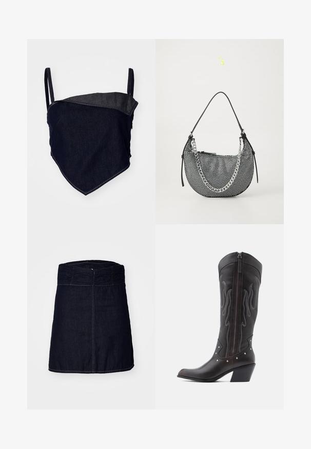 Bralette en denim avec un design ajusté. Tissu bleu foncé avec un panneau angulaire plus clair. Bretelles réglables et détails de couture visibles.; Jupe en denim indigo foncé avec une taille élastique froncée, coupe droite et coutures contrastées le long de l'ourlet et des coutures.; Bottes de cowboy en cuir marron avec surpiqûres en forme de flammes, fermeture éclair latérale, clous argentés, bout pointu et talon superposé.; Sac à main en mesh noir de forme croissant, avec une bandoulière en chaîne argentée et des accents en cuir noir. Surface texturée avec une fermeture éclair.
