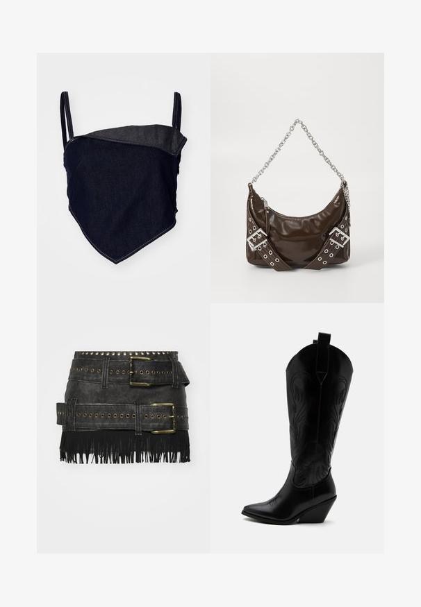 Bralette de denim con un diseño ajustado. Tela azul oscura con un panel angular más claro. Tirantes ajustables y detalles de costura visibles.; Falda de cuero sintético negro con grandes hebillas metálicas, detalles de ojales y flecos en el dobladillo. Diseño estructurado con múltiples cinturones.; Bota de vaquero de cuero negro con punta puntiaguda, tacón bloqueado inclinado, costuras decorativas y lengüetas en la parte superior sobre fondo blanco.; Bolso de mano de cuero patentado marrón oscuro con cadena plateada, cinturones decorativos de doble hebilla y cierre de cremallera.
