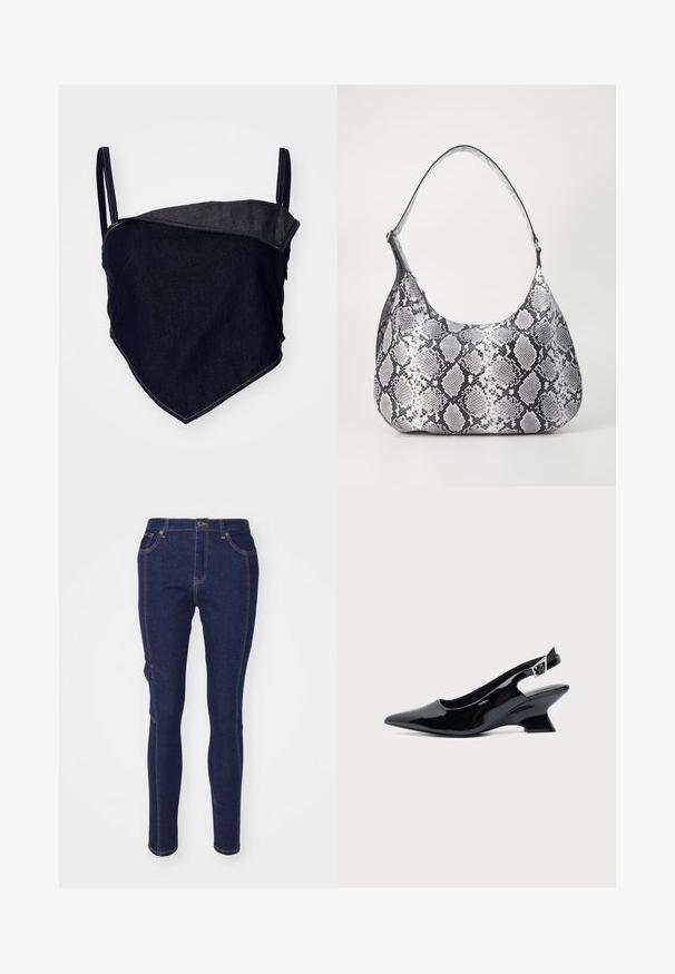 Denim bralette, mille disainiga. Tume sinine kangas heledama, nurkse paneeliga. Reguleeritavad rihmad ja nähtavad õmbluse detailid.; Tumed sinised teksad sale lõikega, klassikalise viie taskuga disainiga ja kontrastsete oranžide õmblustega. Pole silmapaistvaid mustreid ega aktsente.; Mustast lakknahast slingback king, millel on terav nina ja madal kalle plokktald, ühtlase heleda taustaga.; Mustvalge madude mustriga õlakott, ümar kuju, sile tekstuur ja kõver rihm. Omab hõbedast aksessuaari.