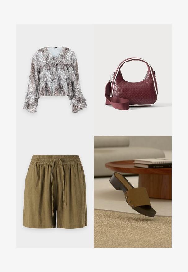 Blouse à manches longues brun et blanc avec motif cachemire, poignets à volants, détails à volants superposés et petit nœud au niveau de l'encolure.; Shorts pull-on verts olive en tissu léger, dotés d'une taille élastique et d'un cordon de serrage, avec une coupe décontractée et ample.; Sandale à glissière en cuir marron avec petit talon bloc, légèrement posée sur un tapis beige tissé, avec une table ronde en bois et des livres en arrière-plan.; Sac à main en cuir tressé marron foncé avec poignée courbée, garniture blanche, fermeture éclair argentée et bandoulière large en tissu amovible sur fond uni.