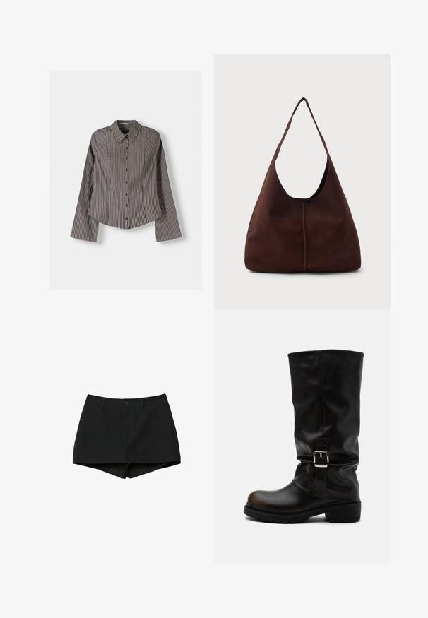 Chemise à boutons rayée marron et blanc, dotée de manches longues, d'un col pointu et d'un ourlet arrondi. Tissu texturé avec des rayures verticales.; Shorts noirs taille haute avec passants de ceinture, fermeture à bouton et zip caché, conçus avec un ourlet légèrement courbé.; Botte haute en cuir noir avec bout arrondi, talon bas, bride à boucle latérale et tige légèrement relâchée sur fond blanc.; Sac hobo en daim marron avec une grande ouverture courbée et une large bandoulière. Présente une couture centrée à l'avant. Texture lisse.