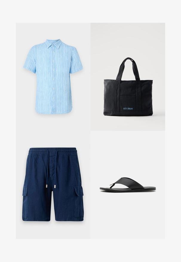Lichtblauw shirt met korte mouwen, knopen en verticale donkerblauwe strepen, met een puntige kraag, weergegeven tegen een effen achtergrond.; Marineblauwe cargoshorts van lichtgewicht stof, met een elastische tailleband en trekkoord, twee zijzakken en één beenzak.; Stuart Weitzman BASTIAN - Teensandalen - black; Zwarte canvas tote bag met twee handvatten, een voorvak en "LES DEUX" in blauw geborduurd op het voorvak.