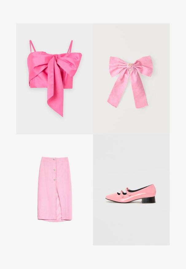 Ružový crop top s mašľou vpredu, vyrobený z hladkého materiálu s tenkými ramienkami a elegantným strihom.; Ružová sukňa po kolená s tromi dekoratívnymi perlami a predným rozparkom, vyrobená z textúrovanej látky s hladkým podšívkou.; Ružová lakovaná topánka s špicatou špičkou a dvoma dekoračnými popruhmi. Má čierny nízky blokový podpätok a hladký povrch.; Ružová látková mašľa s dvoma dlhými chvostmi a malým zlatým príveskom v tvare koruny v strede, zobrazená na jednoduchom svetlom pozadí.