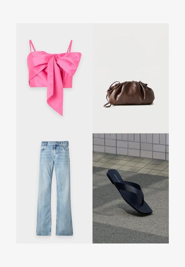 Rosa kort top med en sløjfedetalje fortil, lavet af et glat stof med tynde stropper og en elegant silhuet.; Lyseblå flagrende jeans lavet af denim, med fem lommer, knaplukning og let blødgøring for en slidt effekt.; Sort tanga-sandal med firkantet tå og mærkenavn på fodseng, placeret opret på tekstureret fortov nær flisebeklædt væg.; Blød brun læderpung med samlet top og tynd strop, hvilende på hvid baggrund.