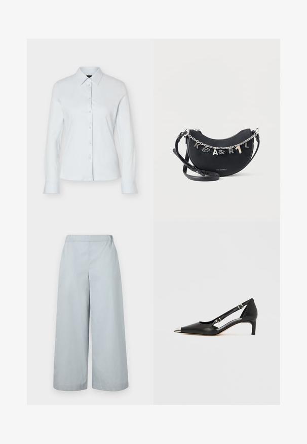 Valkoinen, pitkähihainen napillinen paita, jossa on terävä kaulus ja istuva siluetti, esillä yksinkertaisella vaalealla taustalla.; MM by MaxMara ANTILLE - Housut - light blue; Musta nahkainen matalakorkoinen kenkä, jossa on terävä hopeinen kärki ja kaksinkertaiset solkisilmukat valkoisella taustalla.; Musta puolikuun muotoinen olkalaukku hopeaketjulla, jossa "KARL"-riipukset ja säädettävä nahkainen olkahihna valkoisella taustalla.