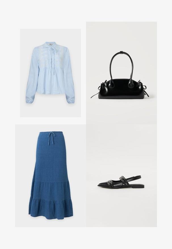 Blouse bleu clair à manches longues avec rayures blanches verticales, patte de boutonnage à l'avant, col noué et broderie florale blanche sur la poitrine.; Jupe longue bleue avec ourlet à volants superposés et taille à cordon en tissu texturé.; Even&Odd Ballerines à brides arrière - black; Petit sac à main noir brillant avec deux longues anses et des détails à cordon sur les côtés sur un fond clair uni.