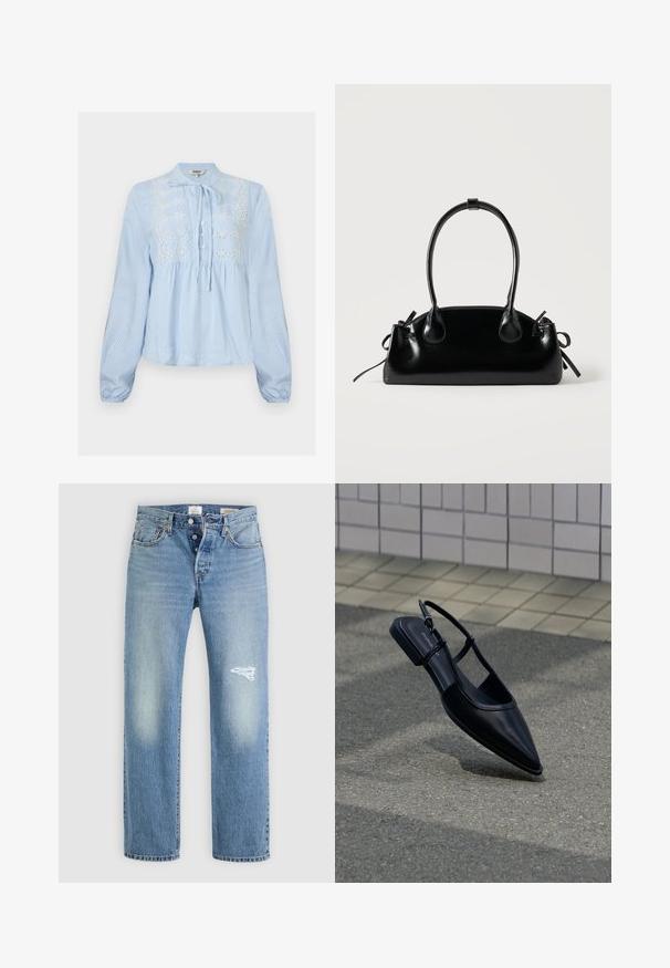 Blouse bleu clair à manches longues avec rayures blanches verticales, patte de boutonnage à l'avant, col noué et broderie florale blanche sur la poitrine.; Jean en denim bleu clair avec une coupe décontractée, présentant un patch déchiré sur la cuisse droite, cinq poches et une fermeture à bouton en métal.; Chaussure plate noire à bout pointu avec bride arrière, flottant au-dessus d'une surface en bitume à côté d'un trottoir carrelé.; Petit sac à main noir brillant avec deux longues anses et des détails à cordon sur les côtés sur un fond clair uni.