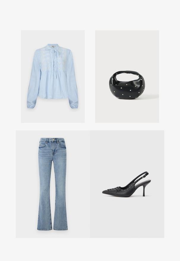 Lichtblauwe blouse met lange mouwen en witte verticale strepen, knoopsluiting aan de voorkant, striksluiting bij de hals en witte bloemrijke borduursels op de borst.; Lichtblauwe denim jeans met een hoge taille, een knoop- en ritsluiting aan de voorkant, vijf zakken en licht uitlopende pijpen.; Zwarte leren slingback stiletto met spitse neus, zijgesp met gesp, studs langs de rand en decoratieve veters aan de voorkant.; Zwarte leren handtas met een afgeronde vorm, versierd met zilveren studs, en een korte handgreep. Gladde textuur en ritsluiting.