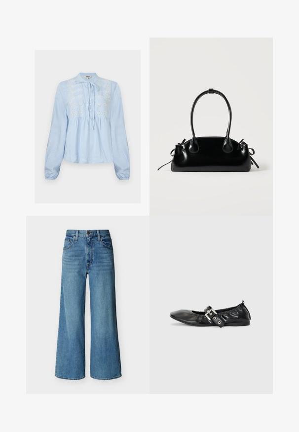 Blouse bleu clair à manches longues avec rayures blanches verticales, patte de boutonnage à l'avant, col noué et broderie florale blanche sur la poitrine.; Jean bleu taille haute à jambes larges avec bouton et fermeture éclair à l'avant, passants de ceinture et style cinq poches sur fond blanc.; Chaussure plate en cuir noir avec un nez pointu, des détails froncés autour de l'ouverture et un accent en boucle argentée sur la bride ajustable.; Petit sac à main noir brillant avec deux longues anses et des détails à cordon sur les côtés sur un fond clair uni.