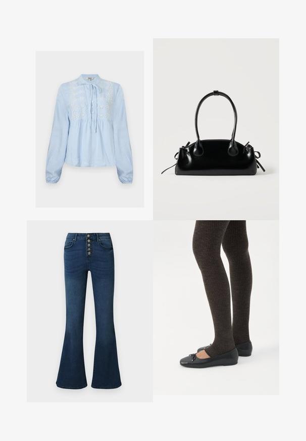 Blouse bleu clair à manches longues avec rayures blanches verticales, patte de boutonnage à l'avant, col noué et broderie florale blanche sur la poitrine.; Jeans évasés en denim bleu foncé avec une taille haute et une fermeture à cinq boutons sur le devant. Texture lisse avec un léger délavage et des détails de couture subtils.; Jambes portant des leggings côtelés foncés associés à des ballerines noires avec de petits détails en nœud sur fond blanc.; Petit sac à main noir brillant avec deux longues anses et des détails à cordon sur les côtés sur un fond clair uni.