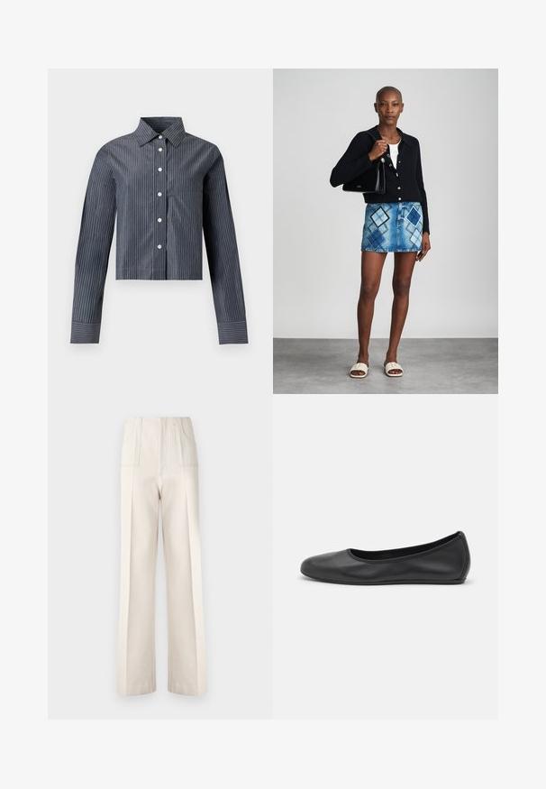 Mørkegrå cropped skjorte med hvide lodrette pibstriber, lange ærmer, spidst krave og en forreste brystlomme.; Beige vidde bukser med høj talje, to forlommer og synlige syninger. Lavet af et glat, let materiale.; Sort læderballetsko med rund tå, glat tekstur, minimal syning og et fleksibelt såldesign.; Sort striktrøje, hvid top, denimnederdel med blå og sort diamantmønster, sort håndtaske og beige slidesandaler.