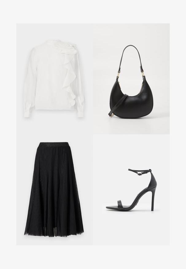 Blusa blanca de manga larga con cuello alto, que presenta un detalle de volantes en una de las mangas y una textura suave. Los puños son abotonados.; Falda maxi negra con un diseño fluido y texturizado. Presenta una cinturilla amplia y brillante, así como una tela ligera y en capas que aporta un aspecto elegante.; Sandalias de tacón alto negras con punta abierta, tiras delgadas y hebilla en el tobillo. Textura de cuero suave con un diseño de punta afilada.; Bolso de mano de cuero negro con forma curva, que cuenta con un cierre superior con cremallera, un asa corta y una correa para el hombro desmontable. Accesorios en dorado.
