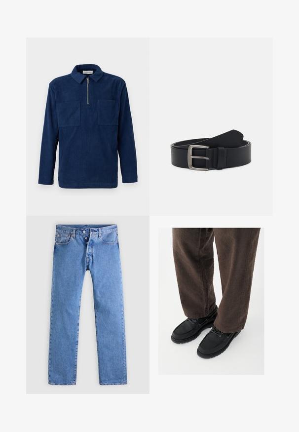 Mørkeblå fløjlsbluse med lange ærmer, en kort lynlås foran, to brystlommer og en spredt krave.; Lyseblå denimjeans med et lige ben design, fem lommer og to-knaps lynlås. Har minimal falmen og kontrastsyning.; Sorte lædersko med glat finish, rundet tå og snøredesign, kombineret med teksturerede brune bukser. Set fra gulvniveau.; Sorte læderbælte med en spænde i sølvmetal, der har en glat overflade og et klassisk design. Bæltet er rullet op med enden pegende.
