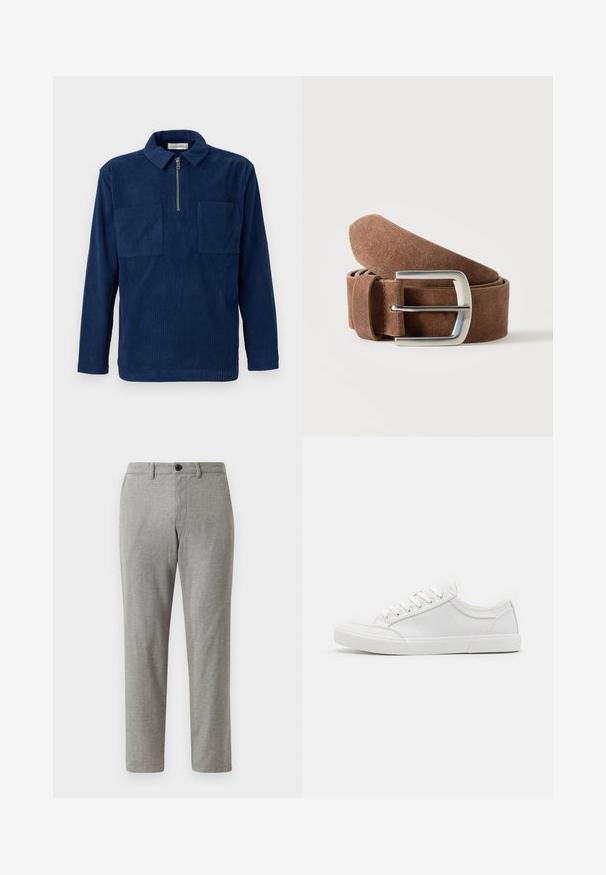 Marineblauer Cord-Pullover mit langen Ärmeln, einem kurzen Reißverschluss vorne, zwei Brusttaschen und einem Hemdkragen.; Graue gewebte Hose mit geradem Schnitt, ausgestattet mit einem Knopfverschluss und Gürtelschlaufen; glatte Textur und leichter Stoff für legere Anlässe.; Weiße Sneakers mit einem Obermaterial aus glattem Leder, runder Zehenpartie, flacher Gummisohle und sechs Ösen für die Schnürsenkel. Subtile Nähdetails, minimalistisches Design.; Brauner Wildledergürtel, zusammengerollt mit silberner rechteckiger Metallschnalle auf schlichtem hellem Hintergrund.