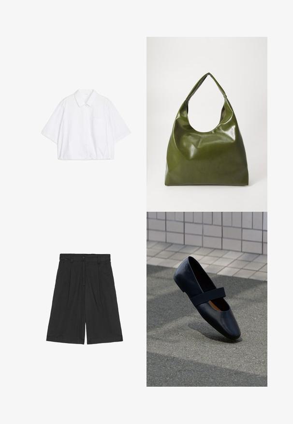 Camisa blanca de manga corta con botones, cuello puntiagudo, un bolsillo en el pecho y dobladillo ligeramente fruncido en la parte inferior.; Pantalones cortos de lino negros con un ajuste relajado, con un frente plano, dos bolsillos laterales y un cierre de botón en la cintura.; Zapato plano de cuero negro con punta redonda, que presenta una suave correa elástica negra sobre la parte superior. Textura suave y diseño minimalista.; Bolsa hobo verde de cuero con un diseño suave, asa curvada y textura lisa. No contiene hardware visible ni acentos.