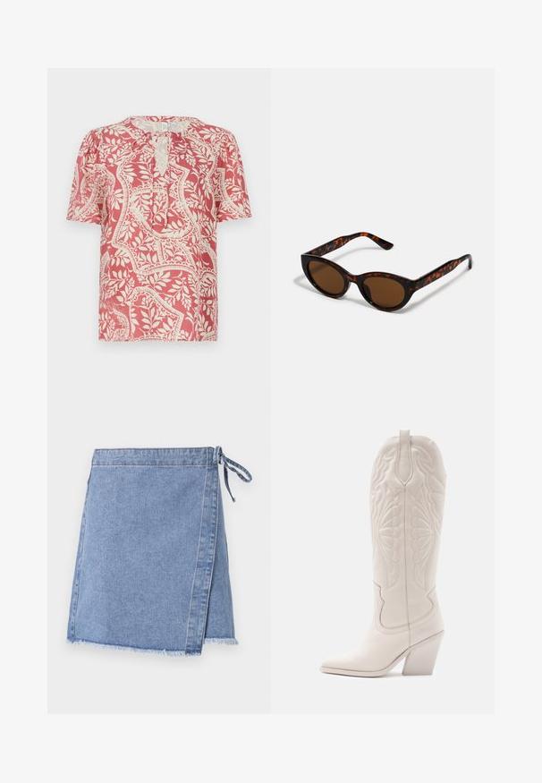 Kortærmet bluse i lys rød med cremefarvet blomster- og geometrisk mønster, med en nøglehul-udskæring og blødt, let stof.; Lysblå denim omslagskirt med bundet lukning, frynset kant og lige snit med en svag A-form.; Hvide læder cowboystøvler med spidse tæer og blokhæle. Har intrikate syninger på skaftet og en glat tekstur.; Brune skildpadde solbriller med en vintage katteøje-form og brune linser. Har buede arme med røde detaljer.