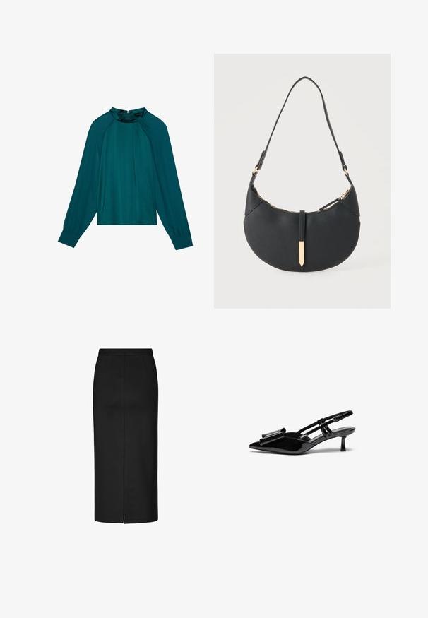 Teal blouse met lange mouwen, hoge halslijn en geplooide voorkant. Gladde, satijnachtige stof met een subtiele glans en ritssluiting aan de achterkant.; Zwarte kokerrok van soepel materiaal, met knielengte, subtiele zijschuif en nette stiksels. Geen zichtbare patronen of beslag.; Zwarte gepatineerde lederen slingback hakken met een puntige neus, een strikdetail aan de voorkant en een kleine stilettohak. De bandjes hebben verstelbare gespen.; Zwarte handtas in halve maanvorm met een enkele band, gouden rits en een gouden rechthoekige decoratieve tab aan de voorkant.