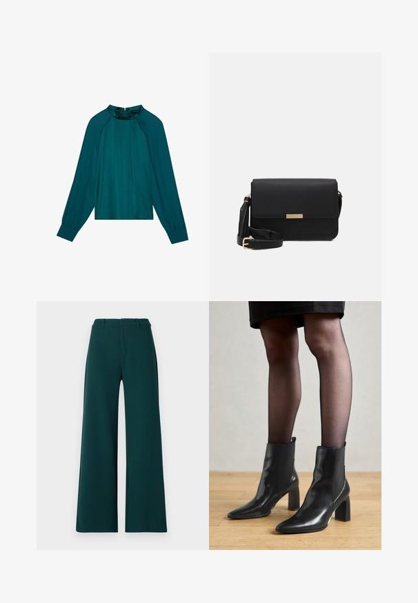Blouse teal à manches longues, col haut et détail plissé à l'avant. Tissu lisse, semblable à du satin avec un subtil éclat et fermeture éclair au dos.; Pantalons à jambes larges en tissu vert foncé. Présentent une taille haute, des plis avant et des passants de ceinture. Texture lisse et design ajusté.; Bottines en cuir noir avec un bout pointu, un talon carré épais et un design élégant. Présente des panneaux latéraux élastiques pour un enfilage facile.; Sac en cuir noir avec un rabat, accents en matériel doré, sangle réglable et surface texturée. Forme rectangulaire compacte.
