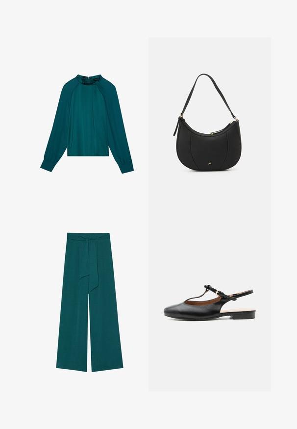 Blouse teal à manches longues, col haut et détail plissé à l'avant. Tissu lisse, semblable à du satin avec un subtil éclat et fermeture éclair au dos.; Pantalons à jambes larges dans une teinte bleu sarcelle profonde avec une finition texturée, dotés d'une taille nouée pour un ajustement réglable et d'une silhouette fluide.; Chaussure plate slingback en cuir noir avec bride en T et boucle dorée sur fond neutre.; Sac à main en cuir noir avec une forme courbée, surface texturée, coutures avant et un logo doré. Il est doté d'une seule sangle ajustable.