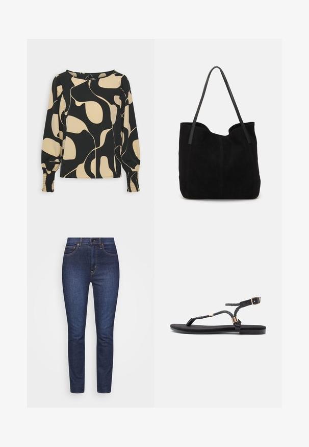 Vero Moda VMLYDIA SMOCK - Blusa - black/lina; Jeans de mezclilla de un azul oscuro con corte slim, cinco bolsillos, cremallera y detalles de costura, además de acentos en hardware de cobre. Textura suave con un desgaste mínimo.; Sandalias planas negras con tiras trenzadas y un acento metálico. Presentan una hebilla ajustable y una suela de goma plana para mayor comodidad.; Bolso de mano de ante negro con dos correas de cuero largas y planas. Presenta un borde superior curvado y costuras visibles en la parte frontal. Sin acentos de metal.
