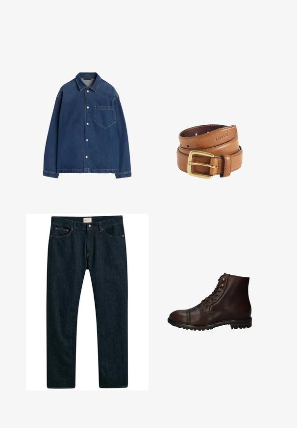 Donkerblauwe denimjack met lange mouwen, een puntige kraag, drukknopen aan de voorkant en een enkele borstzak aan de linkerkant.; Donkerblauwe denim jeans met een recht model, vijf zakken en contrasterende stiksels op de naden. Gladde stofstructuur.; Donkergrote leren veterschoenen tot de enkels met een robuuste rubberen zool en metalen veters, gezien vanuit de buitenzijde.; Opgerolde bruine leren riem met messing gesp en Levi's-logo geperst bij het uiteinde tegen een witte achtergrond.