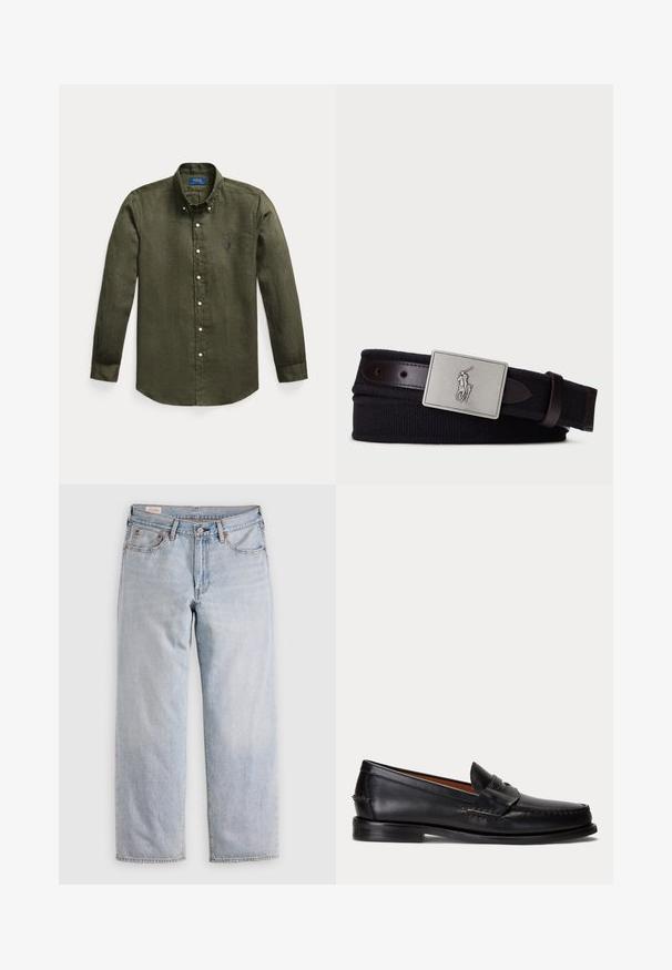 Langærmet olivengrøn skjorte med knapper, knaplukning ved kraven og lille blåt broderet logo på venstre bryst.; Lyseblå lige ben jeans med høj talje, knaplukning samt for- og baglommer, præsenteret på en flad overflade.; Sort læderloafer med lav hæl og pennyremdetalje, vist fra siden på en lysegrå baggrund.; Elastisk mørkeblå bælte med vævet tekstur, brune læderdetaljer og en rektangulær metalspænde med et sølvfarvet polo-spiller logo.
