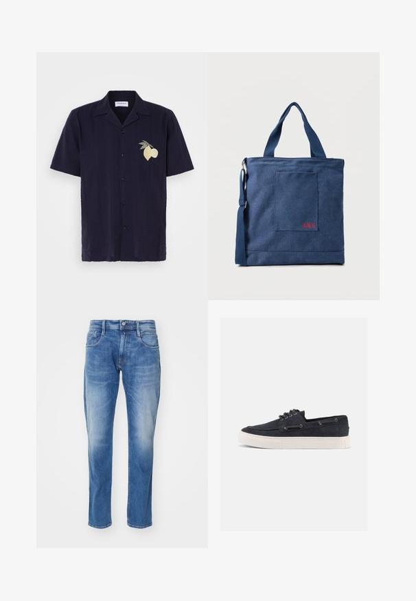Marineblå kortærmet skjorte med struktureret mønster og lodrette striber. Har et broderet citron- og lime-design på venstre bryst.; Lys blå denim jeans med lige ben, fem-lomme design, subtil falmning, og en standart talje med knaplukning.; Mørkeblå ruskinds-casual sneaker med hvid gummisål, sorte snørebånd og metaløjer, vist fra højre side på ensfarvet baggrund.; Blå lærredstote taske med frontlomme og rød "O.N.S" broderi, med to håndtag og en justerbar skulderrem.