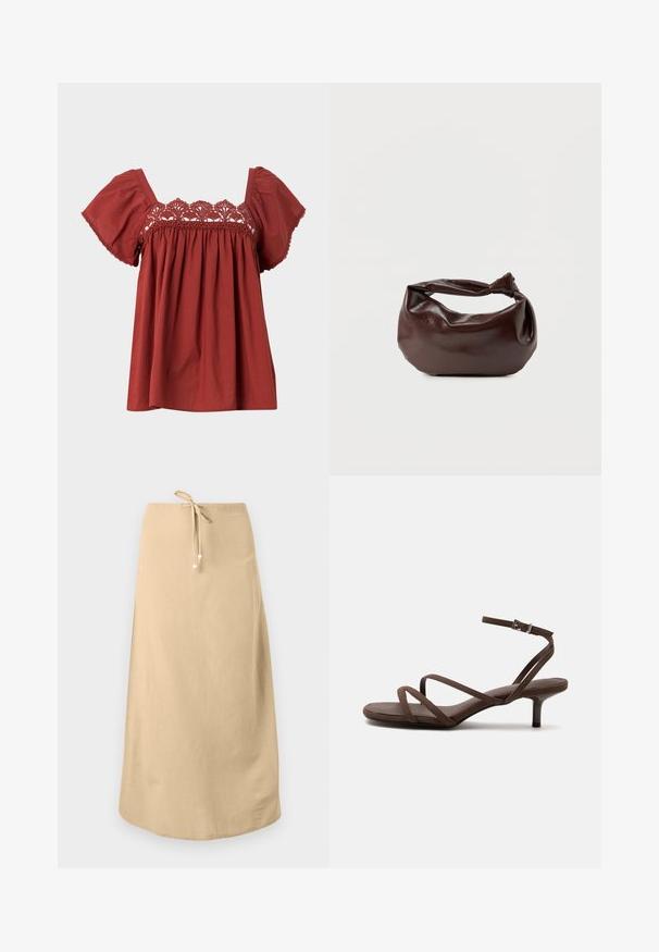 Rød bomuldsbluse med korte, flagrende ærmer og blonder detalje langs halsudskæringen. Stoffet har en glat tekstur og en afslappet pasform.; Beige linnedragt med snøre i taljen, der har en glat overflade og rundet kant. Udsmykket med små dekorative perler på snorene.; Brun højhælet sandal med tynde krydsede stropper og en ankelrem med en sølvspænde på en hvid baggrund.; Mørkebrun læder skuldertaske med en blød, afslappet form og et snoet knudehåndtag på en ensartet hvid baggrund.