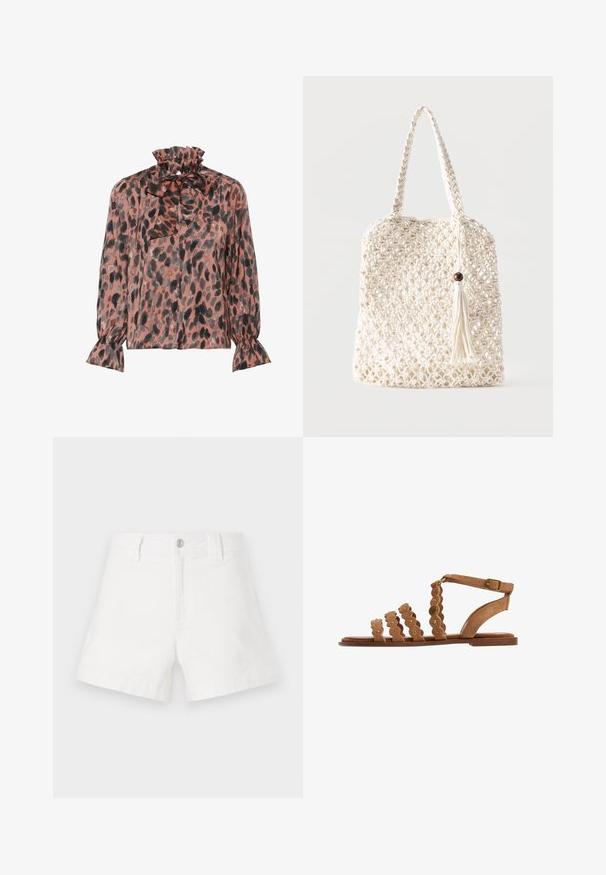 Blouse met luipaardprint in tinten roze en zwart, voorzien van een geplooide kraag en lange mouwen met subtiel gerimpelde manchetten. Zijdeachtige textuur.; Witte denim shorts met een klassieke snit, voorzien van een knoopsluiting aan de voorkant, riemlussen en een glad, textuur oppervlak.; Bruine platte sandaal met geschulpte multi-strap ontwerp, kleine gouden studs en verstelbare enkelgesp op een witte achtergrond.; Witte geweven katoenen draagtas met gevlochten handvatten en een hangende kwast met een houten kraaldetail.
