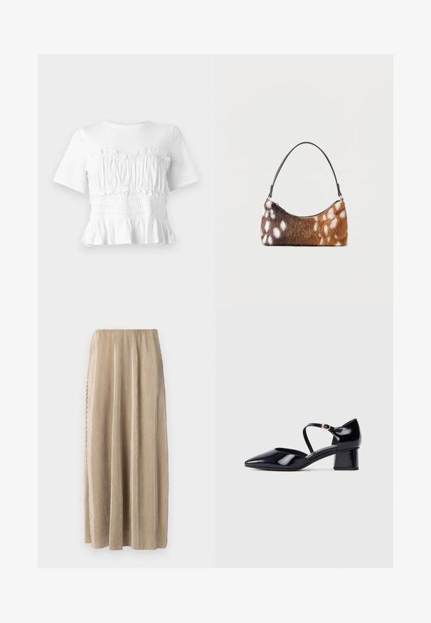 Hvid kortærmet top med en rynket, smocket bodice og en udskåret kant, der viser et tekstureret design og en ensfarvet farve.; Plisseret beige midi-skjørt med elastisk talje, der har lodrette striber og en flydende silhuet for nem bevægelse.; Sorte patenterede læderhæle med spids tå, blokhæl og ankelrem med en cirkulær sølvspænde.; Skuldertaske med brun og hvid pletmønstret imiteret pels og en tynd sort rem, vist på en hvid baggrund.