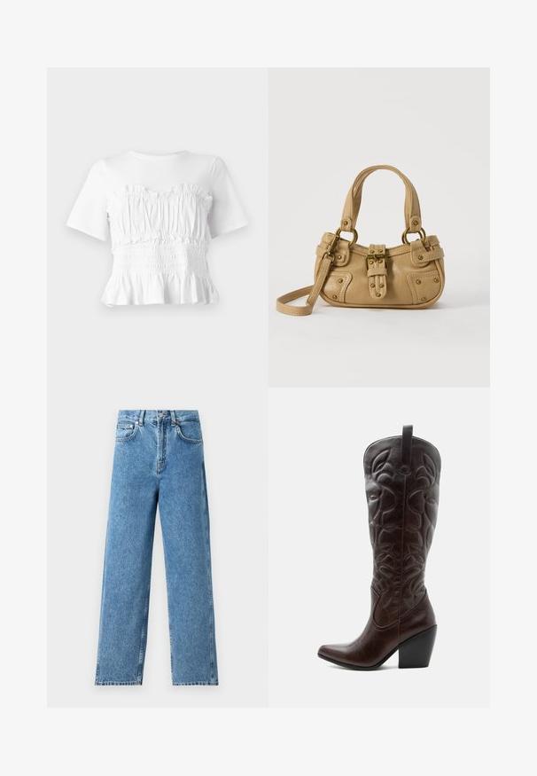Witte top met korte mouwen, voorzien van een gerimpelde, smock-borstvoeding en een uitlopende zoom, met een gestructureerd ontwerp en een effen kleur.; Lichtblauwe rechte jeans van denim, met een hoge taille, sluiting met een knop aan de voorkant en een vijf-pocket ontwerp met zichtbare stiksels.; Lange donkerbruine leren cowboylaars met gestikte decoratieve patronen, spitse neus en gestapelde blokhak.; Beige leren handtas met dubbele handvatten, messing gesps en klinknagel details, en een verstelbare schouderriem tegen een witte achtergrond.