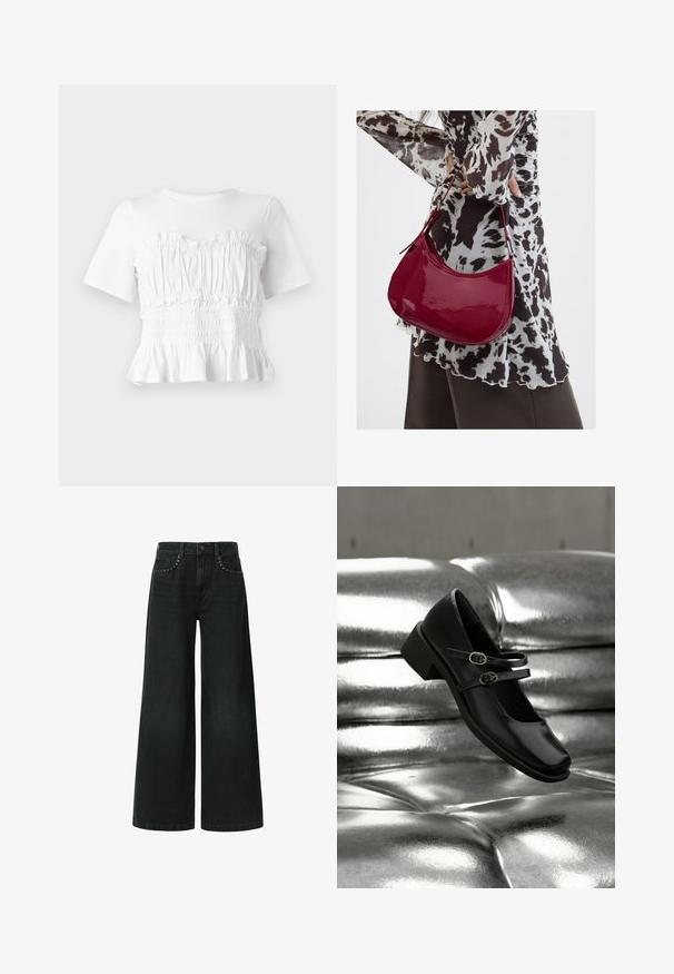 Witte top met korte mouwen, voorzien van een gerimpelde, smock-borstvoeding en een uitlopende zoom, met een gestructureerd ontwerp en een effen kleur.; Zwarte jeans met wijd uitlopende pijpen, gemaakt van denim, met een klassieke vijf-pocket design en decoratieve studded details nabij de voorkruiszakken.; Zwarte leren Mary Jane-schoen met twee gespsluitingen, zwevend boven een glanzende, getufte zilveren bank.; Vrouw met een zwart-wit gebloemde blouse houdt een glanzende rode schoudertas vast tegen een effen achtergrond.