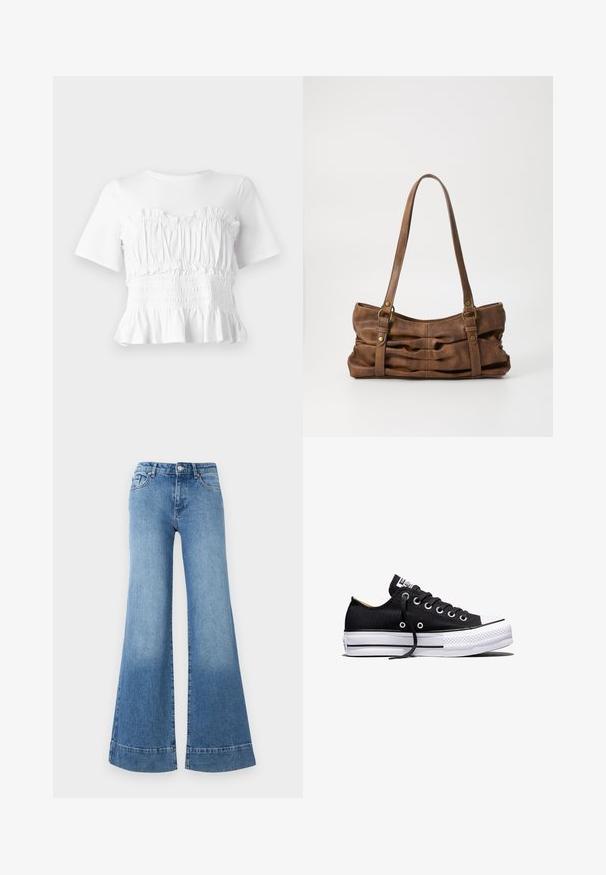 Witte top met korte mouwen, voorzien van een gerimpelde, smock-borstvoeding en een uitlopende zoom, met een gestructureerd ontwerp en een effen kleur.; Lichtblauwe denim flared jeans met een hoge taille, wijd uitlopende benen en een lichte vervaging. Heeft een klassiek vijf-pocket ontwerp en een metalen knoopsluiting.; Zwarte lage canvas sneaker met witte rubberen plateauzool, zwarte veters en metalen oogjes op een witte achtergrond.; Even&Odd Handtas - brown