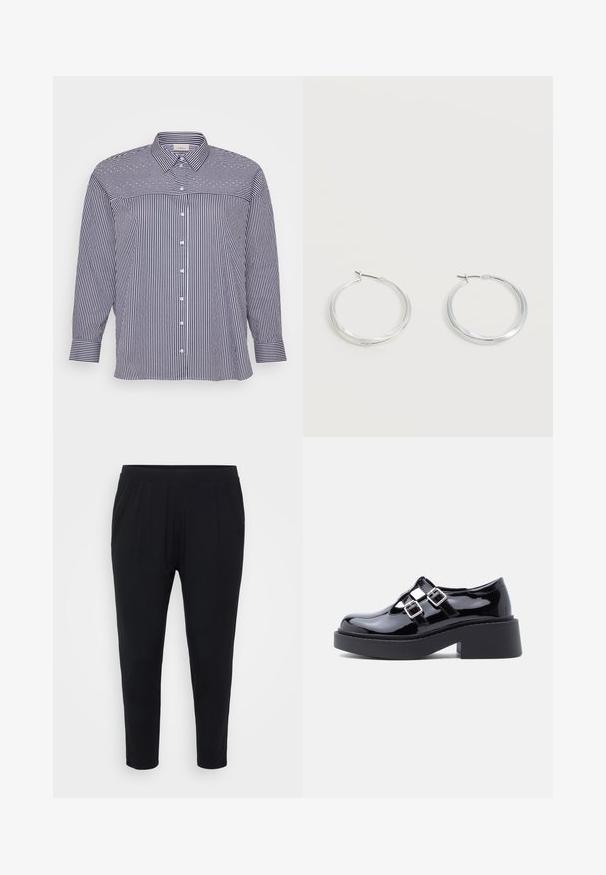 Camisa de botones a rayas con mangas largas, que presenta líneas verticales en azul marino y blanco, un cuello clásico y un dobladillo recto. Detalles de botones en la parte delantera.; Pantalones negros de corte relajado, con cinturilla elástica y suaves pliegues. Confeccionados en una tela suave, con piernas ajustadas y sin bolsillos.; Zapatos de plataforma de charol negro con tacón ancho, diseño recortado y dos hebillas plateadas a lo largo del empeine. Suela plana de goma.; Pendientes de aro de metal plateado con superficie lisa y ligeramente curvada y cierre de tipo mosquetón sobre un fondo blanco liso.