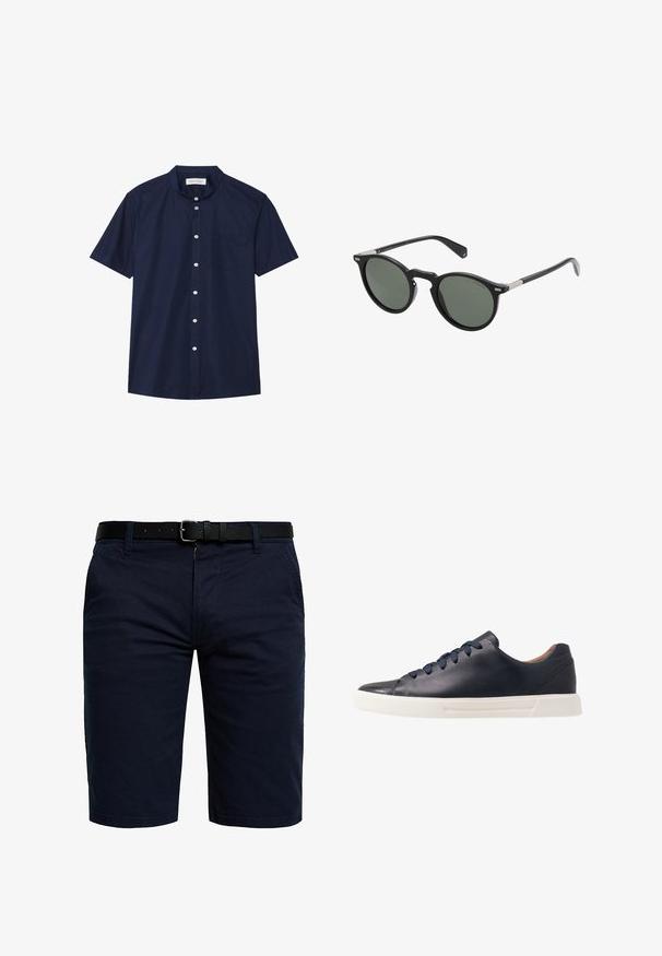 Chemise à manches courtes en tissu uni bleu marine, avec un col mandarin, une poche poitrine unique et une texture de tissu lisse. Les boutons blancs ajoutent un contraste.; Shorts bleu marine en tissu mélangé coton, dotés d'une fermeture zippée, de poches avant, et d'une ceinture en cuir noir avec une boucle en métal.; Baskets en cuir bleu marine avec une finition lisse, semelle en caoutchouc blanc plat, bout arrondi et six lacets bleu marine passés à travers des œillets ronds.; Lunettes de soleil rondes noires avec des verres verts foncés, monture en plastique et accents en métal sur les branches. Texture lisse, design minimaliste.