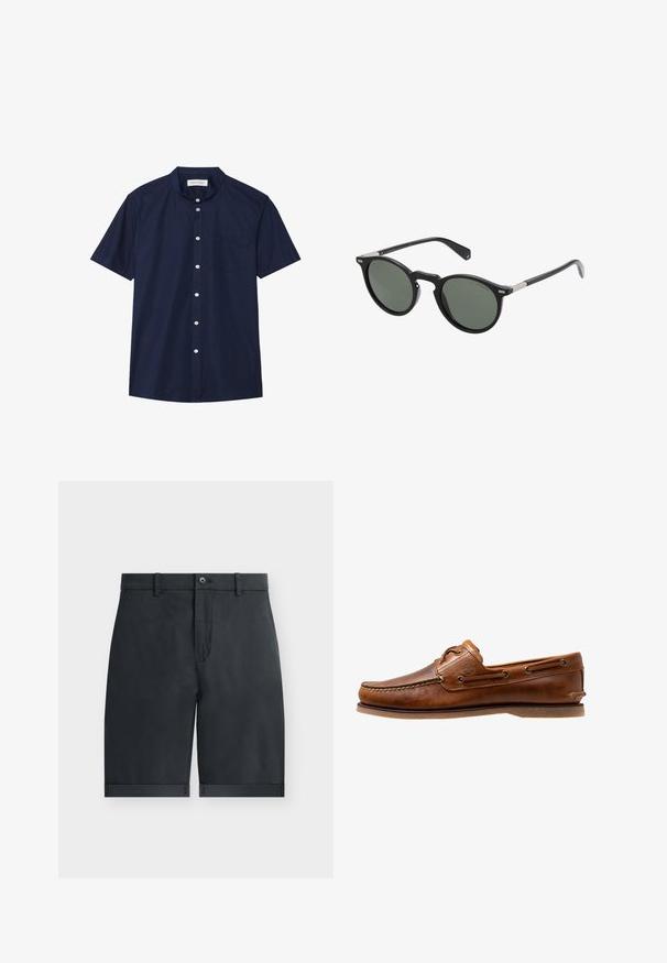 Korte mouwen, marineblauwe overhemd met knopen en een rechtopstaande kraag, één borstzak en een soepele stofstructuur. Witte knopen zorgen voor contrast.; Zwarte knielange shorts met omgeslagen zomen, knoopsluiting, riemlussen en een vlak voorkant ontwerp op een effen witte achtergrond.; Brown leren botenschoen met gestikte accenten, voorzien van metalen oogjes, een verhoogde naad op de neus en een platte rubberen zool.; Ronde zwarte zonnebril met donker groene lenzen, plastic frame en metalen accenten op de tempels. Glad oppervlak, minimalistisch ontwerp.