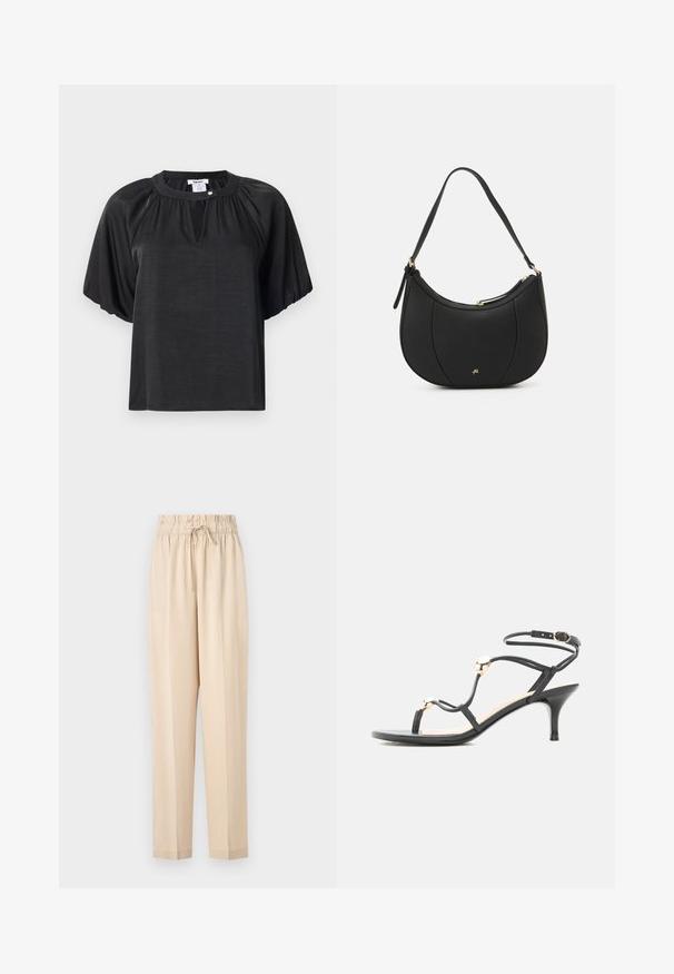 Schwarzes kurzärmliges Oberteil aus leichtem Stoff, mit Rundhalsausschnitt, plissierten Details und einem kleinen Knopf-Akzent am Kragen.; Beige, leichte Hose mit elastischem Bund, Kordelzugdetails und geradem Beinanschnitt. Glatte Textur, minimalistischer Stil.; Schwarze Riemchensandale mit mittelhohem Absatz, goldenen Akzentperlen und einem Knöchelriemen mit Schnalle auf weißem Hintergrund.; Schwarze Lederhandtasche mit geschwungenem Design, strukturiertem Material, vorderen Nähten und einem Logo in Goldtönen. Verfügt über einen einzelnen verstellbaren Tragegurt.