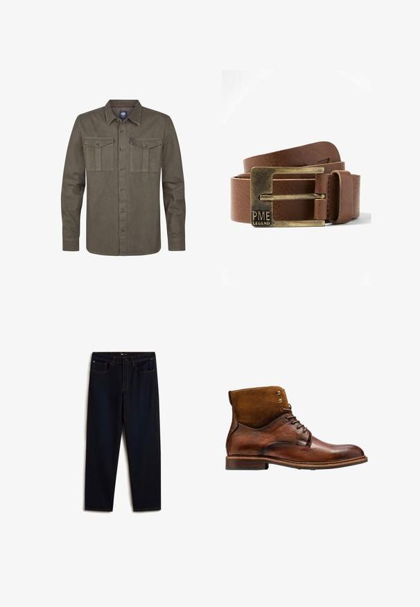 Olijfgroene lange mouwen shirt gemaakt van zachte stof, met een kraag, knoopsluiting en twee borstzakken met kleppen.; Vans Relaxed fit jeans - dark blue; Kazar ALID - Veterboots - brown; Bruine leren riem opgerold met een verouderde messing rechthoekige gesp, gegraveerd met "PME LEGEND" op een witte achtergrond.