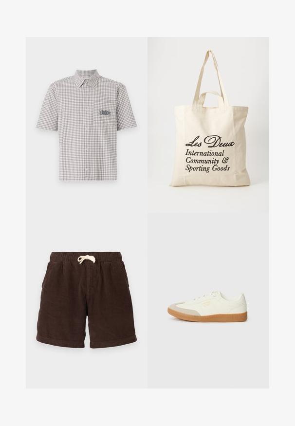 Kortærmet skjorte med krave i et grått og hvitt ternet mønster. Har en brystlomme med en kontrasterende grafisk design.; Brune kordfløjsshorts med elastisk talje, snorlukning og sidelommer. Stoffet har vertikale ribber og en tekstureret overflade.; Sneaker lavet af hvid læder med en beige tåhætte og let brunt gummisål. Har flade hvide snørebånd og prægede branding på siden.; Beige bomulds tote bag med to kraftige håndtag. Har sort trykt tekst: "Les Deux International Community & Sporting Goods."