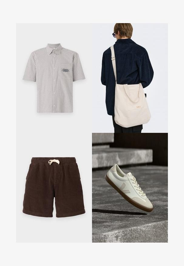Chemise à manches courtes, col, dans un motif à carreaux gris et blanc. Présente une poche poitrine avec un design graphique contrastant.; Shorts en velours côtelé brun avec une taille élastique, une fermeture à cordon de serrage et des poches latérales. Le tissu présente un motif côtelé vertical et une finition texturée.; Baskets en cuir blanc avec semelle en caoutchouc beige, lacets plats et accent en forme de V sur le côté. Présentent une surface lisse et peu de détails de couture.; Personne aux cheveux courts portant une chemise à carreaux foncée et des lunettes de soleil porte un grand sac fourre-tout en toile écrue avec bandoulière et poche avant.