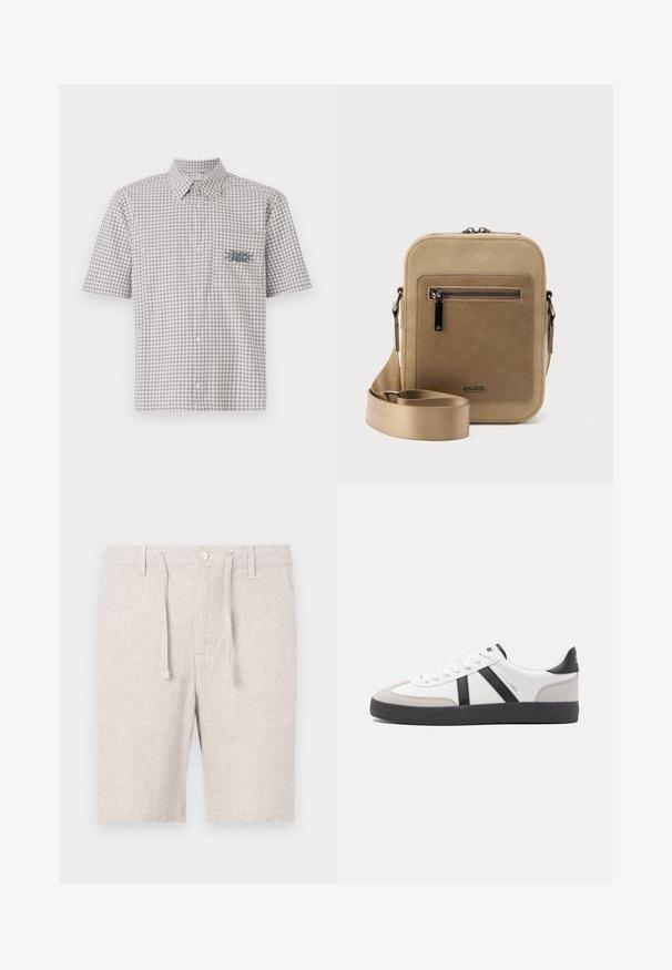 Camisa de manga corta con cuello en un patrón de cuadros gris y blanco. Presenta un bolsillo en el pecho con un diseño gráfico en contraste.; Pantalones cortos de color gris claro fabricados con un tejido texturizado con patrón de espiga. Cuentan con una cinturilla elástica, cordón ajustable y bolsillos frontales.; Zapatilla blanca con acentos en negro y gris, que presenta una puntera texturizada en gris, suela de goma negra y cordones planos blancos. Diseño limpio, estilo minimalista.; Bolso pequeño beige tipo bandolera con bolsillo frontal con cremallera, logo metálico de ALDO, correa ancha ajustable y forma rectangular redondeada sobre fondo blanco.
