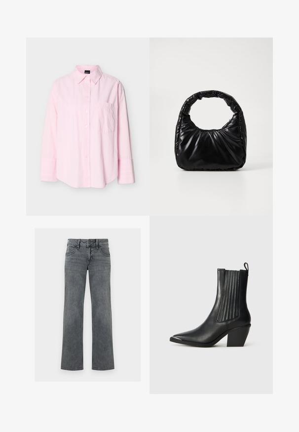 Lyserød langærmet skjorte med knapper, krave og en enkelt brystlomme, vist mod en ensfarvet baggrund.; Grå denimjeans med lige ben, lynlås og knap foran samt fem-lomme-design, vist mod en hvid baggrund.; Sort læder ankelstøvle med spids tå, ribbede sidepaneler og en kraftig hæl, placeret på en struktureret fliseoverflade.; Sort polstret håndtaske med et rundt håndtag, der har en glat, skinnende overflade og en blød, kviltet tekstur. Ingen synlige hardware eller accenter.