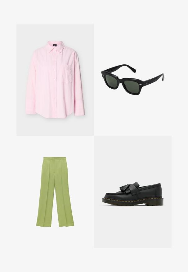 Camisa de manga larga color rosa claro con botones, cuello y un solo bolsillo en el pecho, mostrada sobre un fondo liso.; Pantalones anchos verdes con una textura suave, pliegues en la parte delantera y una cinturilla ajustada. Un corte holgado mejora la silueta general.; Mocasines de cuero negro con punta redonda, que presentan un detalle de flecos y una banda decorativa en la parte frontal, montados sobre un tacón grueso.; Gafas de sol cuadradas negras con lentes verde oscuro, con montura audaz y acentos plateados en los laterales. Fabricadas en Italia.