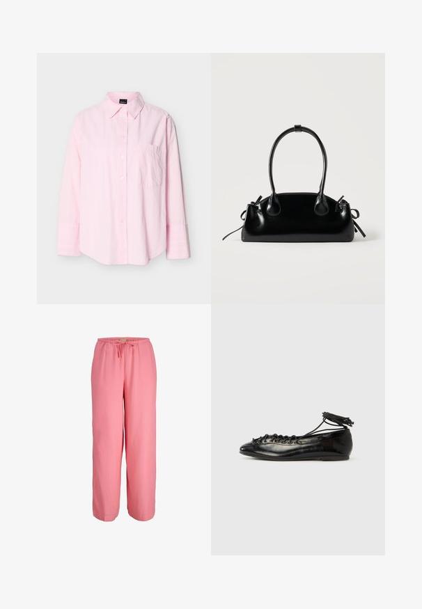 Lichtroze overhemd met lange mouwen, knopen en een kraag, met een enkele borstzak, getoond tegen een effen achtergrond.; Roze, lichte, wijde broek met een elastische tailleband en een trekkoorddetail; soepele textuur en casual ontwerp.; Zwarte ballerina's van lakleer met een afgeronde neus, veterdesign en een platte zool. Glad oppervlak met minimale details.; Kleine zwarte glanzende handtas met twee lange hengsels en zijkant trekkoord details op een effen lichte achtergrond.