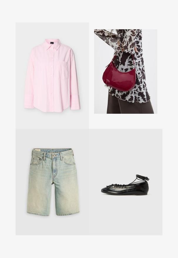 Lichtroze overhemd met lange mouwen, knopen en een kraag, met een enkele borstzak, getoond tegen een effen achtergrond.; Lichtblauwe denimshorts met een losse pasvorm, vijf zakken, knoopsluiting aan de voorkant en een nette zoom. Versleten textuur met subtiele vervaging.; Zwarte ballerina's van lakleer met een afgeronde neus, veterdesign en een platte zool. Glad oppervlak met minimale details.; Vrouw met een zwart-wit gebloemde blouse houdt een glanzende rode schoudertas vast tegen een effen achtergrond.
